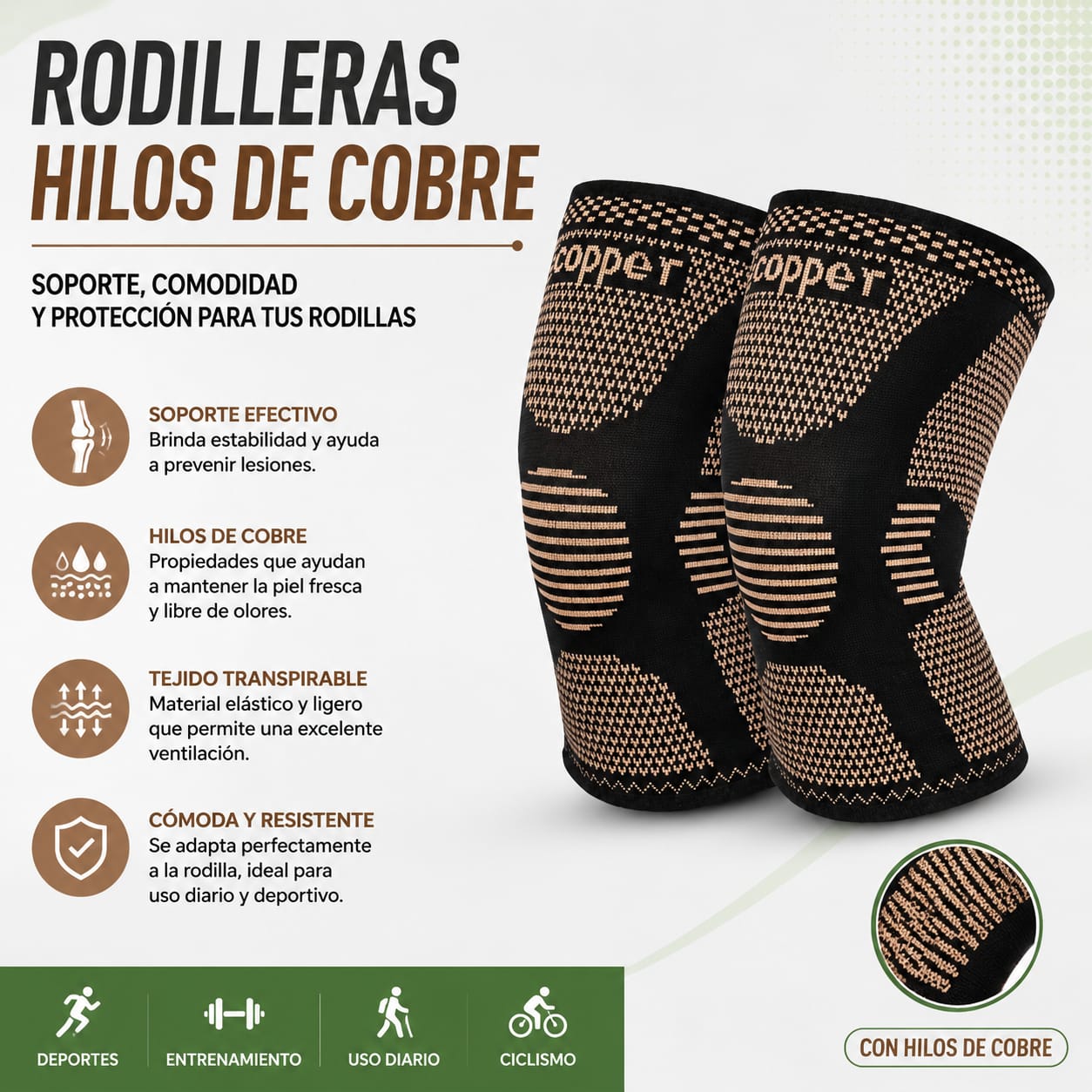 RODILLERAS CON HILOS DE COBRE